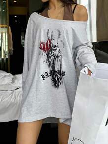 SHEIN ICON Camiseta de manga larga holgada con hombros abiertos y estampado floral para mujer