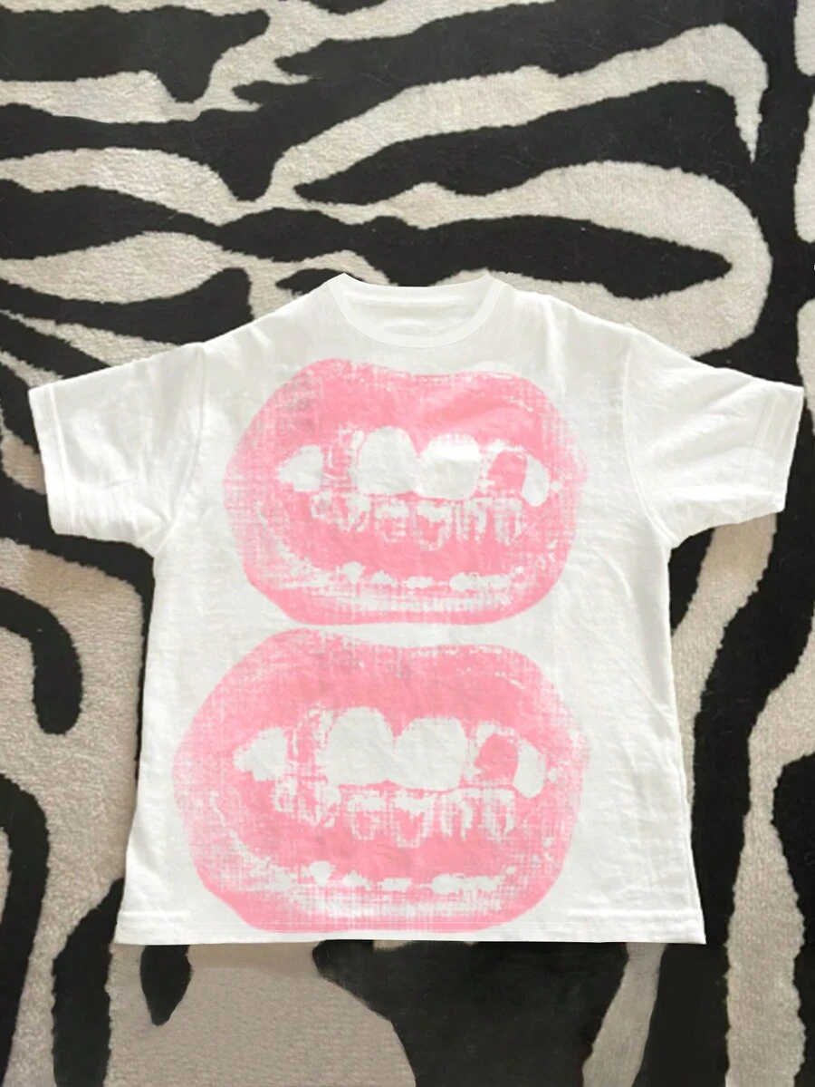 Áo thun nữ phong cách punk thường ngày, cổ tròn, tay ngắn, in hình môi, thời trang gothic đường phố, thích hợp cho mùa hè. - Màu Hồng baby - Xem 1