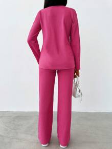 EURMUSE Solid Drop Shoulder Tee & Pants - Hot Pink - View 2