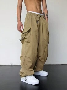 Manfinity Roghcode Quần ống rộng cạp cao có túi nắp trơn cho nam, dáng rộng, dây rút, thu đông - Màu Khaki - Xem 5