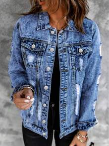 Ripped Flap Pocket Long Sleeve Denim Jacket - Light Wash - View 3