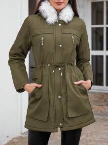 EURMUSE Women'S Parka Padded Jacket With Drawstring Waist And Hooded Design - Army Green - View 1