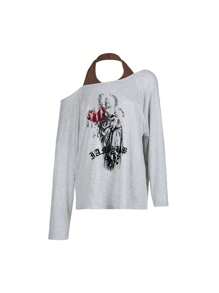 SHEIN ICON Camiseta de manga larga holgada con hombros abiertos y estampado floral para mujer
