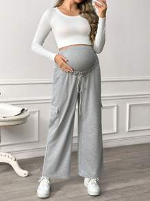 SHEIN Maternity Plain Front Tie Pocket Casual Pants