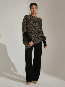 Women's Sweater Knitted 2-Piece Set Sweater & Solid Color Pants - Black - View 3