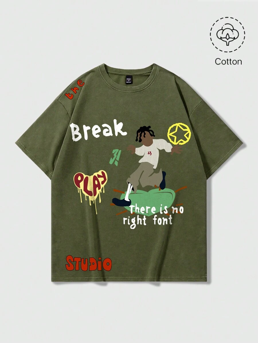 Manfinity EMRG 男士圆领短袖字母印花简约 T 恤，休闲日常，图案 T 恤