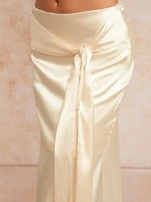 Forever 21 夏季新款網布拼接蝴蝶結露背上衣 + 瘦身長尾裙派對氛圍套裝 - 杏色 - 查看 7