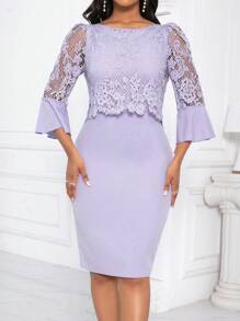 Lyxana 女士优雅简约通勤纯色蕾丝撞色喇叭袖修身连衣裙，夏季 - 紫色 - 查看 4