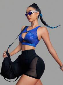 Innovista Animal Faux Leather Print Mesh Cut Out Push Up Sports Bra,  Workout Outfits, Gym Tops, Sexy Crop Top Tank,Foil Print Tops,Music Festival,Going Out Tops,Party