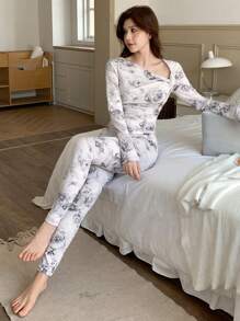 DAZY Floral Print Fitted Asymmetric Neck Pajama Set, Fall Winter Clothes - Beige - View 5