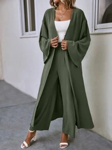 Balvessa 2pcs Set Casual Solid Color Bell Sleeve Robe And Pants, Spring & Autumn - Army Green - View 6