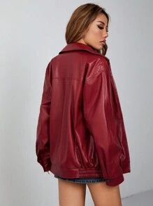 Chaqueta negra de PU con cremallera y hombros caídos para otoño/invierno - Rojo - Ver 2