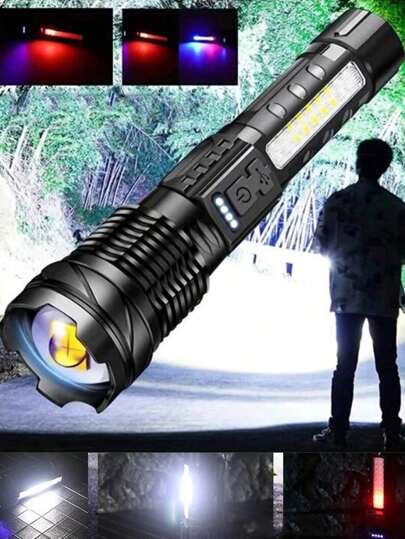 1pc ABS LED Flashlight, Battery Display, 7 Lighting Modes, Bright COB Side Light, Rechargeable Portable USB Charging Long-Distance Adjustable Focus Outdoor Flashlight