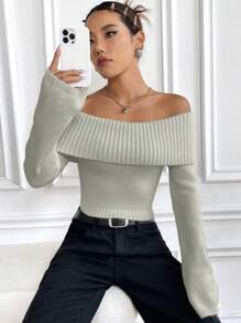 Flirla 1pc Solid Color Casual Off Shoulder Long Sleeve Sweater, Knit Pullover Fall Winter - Grey - View 6