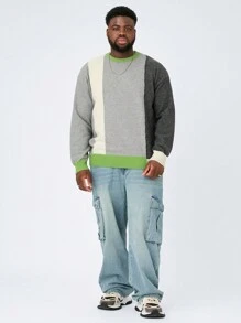 Mainfolk Plus Size Men's Casual Patchwork Loose Dropped Shoulder Crew Neck Sweater, Suitable For Autumn/Winter - Multicolor - View 6