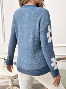 SHEIN Maternity Floral Print Crew Neck Long Sleeve Casual Sweater, For Winter - Dusty Blue - View 2