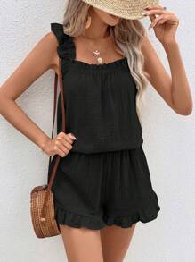 Breezaya Solid Ruffle Trim Top & Shorts - Black - View 8