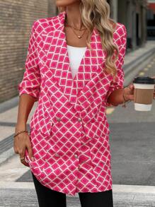 SHEIN Clasi Geometric Print Double-Breasted Suit Jacket For Vacation Fall Cloth For Women - Hot Pink - View 6
