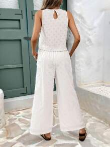 SHEIN Frenchy 2 件套女士白色度假休闲纯色镂空刺绣系带蝴蝶结背心和阔腿裤