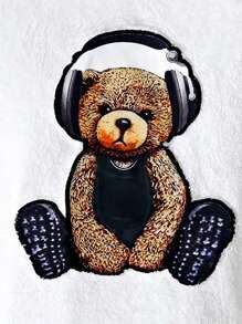 Manfinity Homme 宽松男士小熊刺绣口袋抓绒连帽衫，蓬松刺绣图案长袖白色连帽衫，送给朋友、丈夫、男友的礼物，适合秋冬季穿着 - 白色 - 查看 4