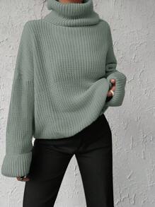 EURMUSE High Neck Drop Shoulder Sweater - Mint Green - View 6