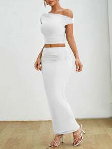 SHEIN PETITE Women's Asymmetric Ruffle Top And Skirt Set - White - View 4