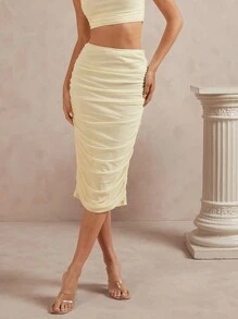 L'Amorae 女士纯色褶皱修身优雅铅笔裙