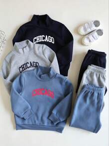 SHEIN 6pcs/Set Kids/Young Boys Casual Korean Style Letter Print Mock Neck Sweatshirt And Solid Drawstring Pants 2 Piece Knitted Outfit, Suitable For Layering With Jackets For Outing, Party, School, Play, Fleece, Thickened