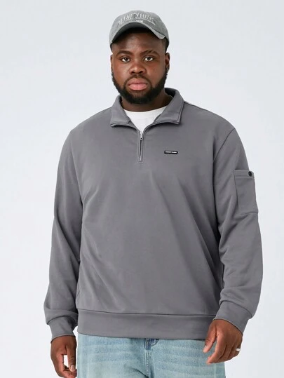 Manfinity VCAY Men's Fashionable Daily Casual Plus Size Fitted Mock Neck Zip Front Long Sleeve Sweatshirt (Plus Size), For Fall Winter