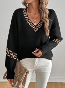 EMERY ROSE Women's Geometric Pattern V-Neck Black Long Sleeve Pullover Sweater,Long Sleeve Tops - Multicolor - View 1