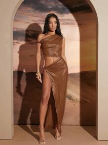 SHEIN Unity Asymmetric Twist Off Shoulder Cutout High Slit Sexy Dress - Brown - View 6