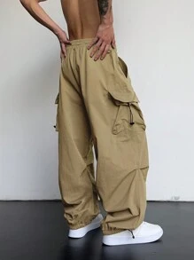 Manfinity Roghcode Quần ống rộng cạp cao có túi nắp trơn cho nam, dáng rộng, dây rút, thu đông - Màu Khaki - Xem 2