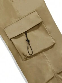 Manfinity Roghcode Quần ống rộng cạp cao có túi nắp trơn cho nam, dáng rộng, dây rút, thu đông - Màu Khaki - Xem 6