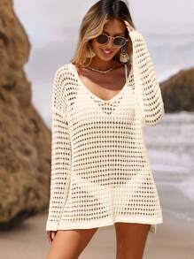 SHEIN Swim Hollow Out Drop Shoulder Cover Up Dress Without Bikini Set,Summer Beach - Apricot - View 6