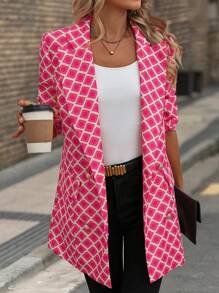 SHEIN Clasi Geometric Print Double-Breasted Suit Jacket For Vacation Fall Cloth For Women - Hot Pink - View 4