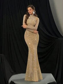 QOQ 时尚华丽热钻晚礼服奢华水钻礼服适合鸡尾酒会、红毯活动、庆典纯色长袖美人鱼下摆礼服