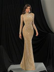 QOQ 时尚华丽热钻晚礼服奢华水钻礼服适合鸡尾酒会、红毯活动、庆典纯色长袖美人鱼下摆礼服