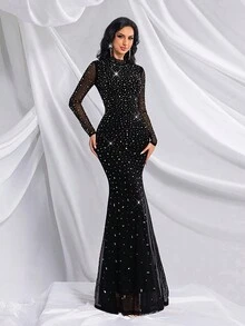 QOQ 優雅女款水鑽美人魚長款正式晚禮服 網紗長袖 舞會婚禮賓客雞尾酒會畢業典禮晚宴長洋裝 黑色 秋季 - 黑色 - 查看 6