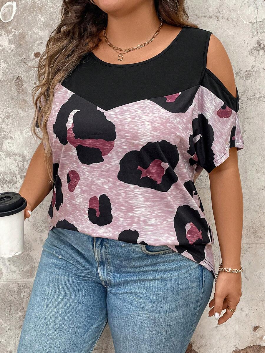 SHEIN LUNE 大码夏季时尚豹纹拼布露肩休闲 T 恤 - 彩色 - 查看 1