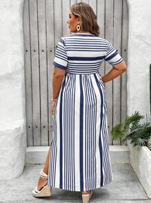 SHEIN VCAY Plus Size Holiday Casual Color Blocked Striped Side Slit Dress
