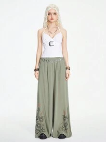 ROMWE Hippie Pantalones de pierna ancha con estampado de piel de serpiente y floral en estilo gótico para mujer en verano - Verde - Ver 2
