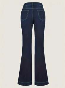 European And American Style New Mid-Waist Skinny Pocket Multi-Button Women's Jeans Flared Pants - Dark Wash - View 2