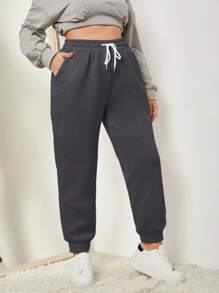 SHEIN EZwear Plus Size Casual Solid Color Drawstring Waist Jogger Pants Graduation,Back To School Outfits,Graduation,Teacher Outfits For Women,Back To School - Dark Grey - View 1