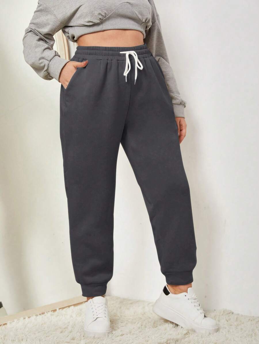 SHEIN EZwear Plus Size Casual Solid Color Drawstring Waist Jogger Pants Graduation,Back To School Outfits,Graduation,Teacher Outfits For Women,Back To School - Dark Grey - View 1