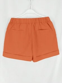 Women's Solid Color Drawstring Waist Casual Shorts, Suitable For Vacation - Orange - View 3
