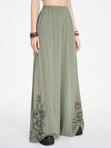 ROMWE Hippie Pantalones de pierna ancha con estampado de piel de serpiente y floral en estilo gótico para mujer en verano - Verde - Ver 3