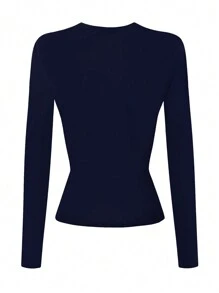 INAWLY Camiseta de manga larga ajustada de cuello redondo de unicolor para mujer - Azul Marino - Ver 2