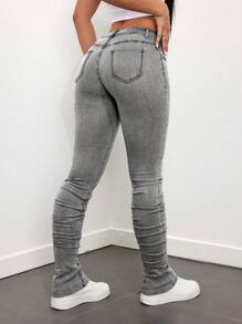 SHEIN ICON Women's Low-Rise Distressed Flared Jeans With Washed Effect - Light Grey - View 5