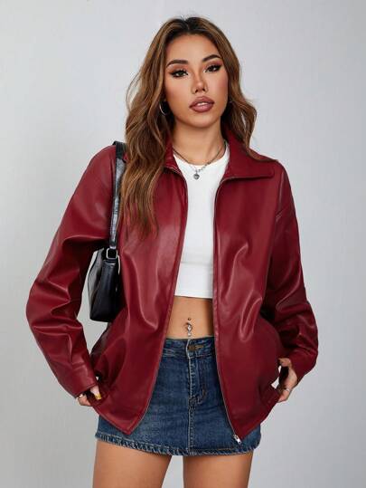 SHEIN ICON Drop Shoulder Zip Up Black PU Jacket In Fall/Winter