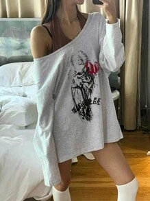 SHEIN ICON Camiseta de manga larga holgada con hombros abiertos y estampado floral para mujer